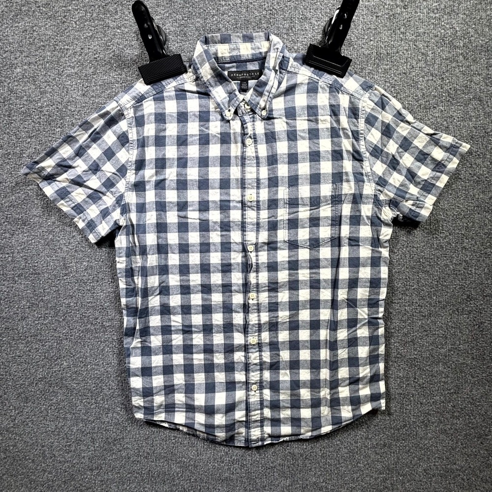 Aeropostale Flannel Shirt Mens Large Blue Plaid Gingham Plaid Cotton Button Down